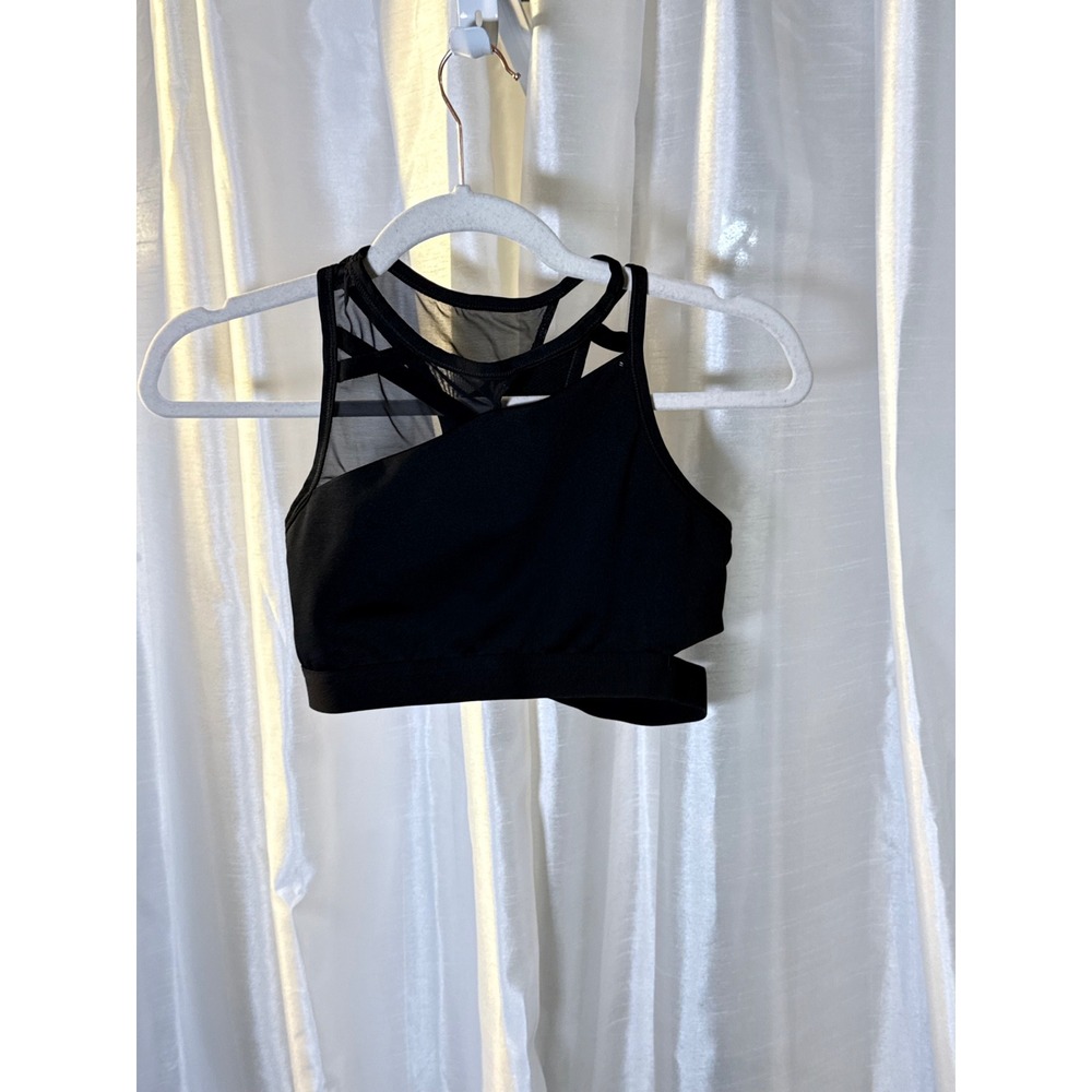 Nike‎ Sports Bra Womens XS Black Dri-FIT Mesh Asymmetric Strappy Back High Neck